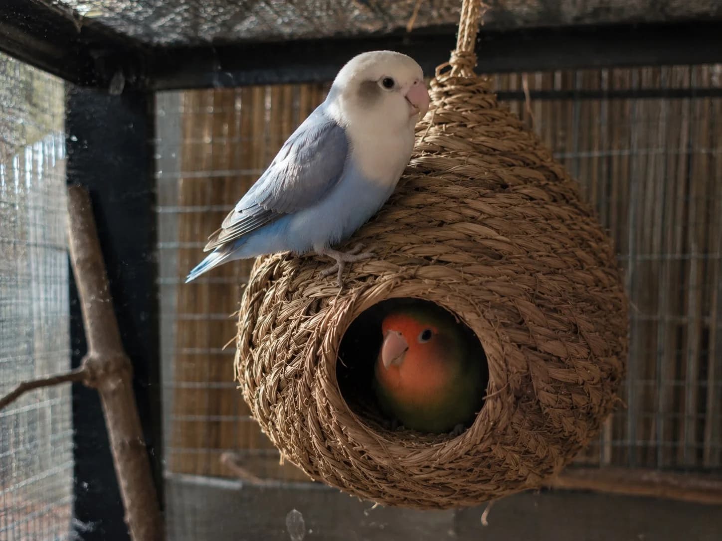 A lovebird in its woven nest in the school's aviary
