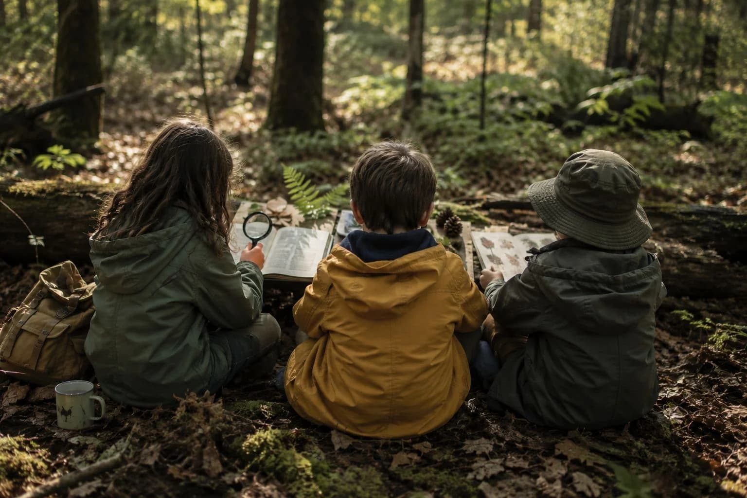Children reading and exploring together in the forest on Forest Friday